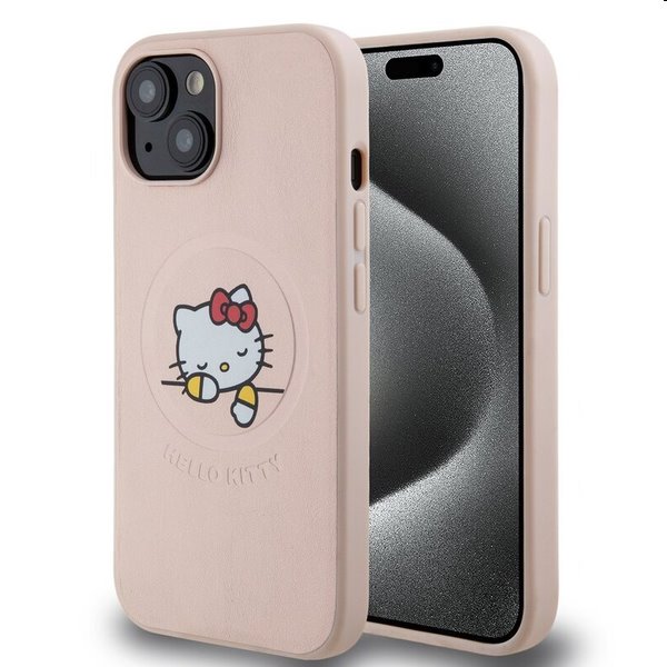 Hello Kitty PU Kitty Asleep Logo MagSafe hátlapi tok Apple iPhone 15 számára, rózsaszín