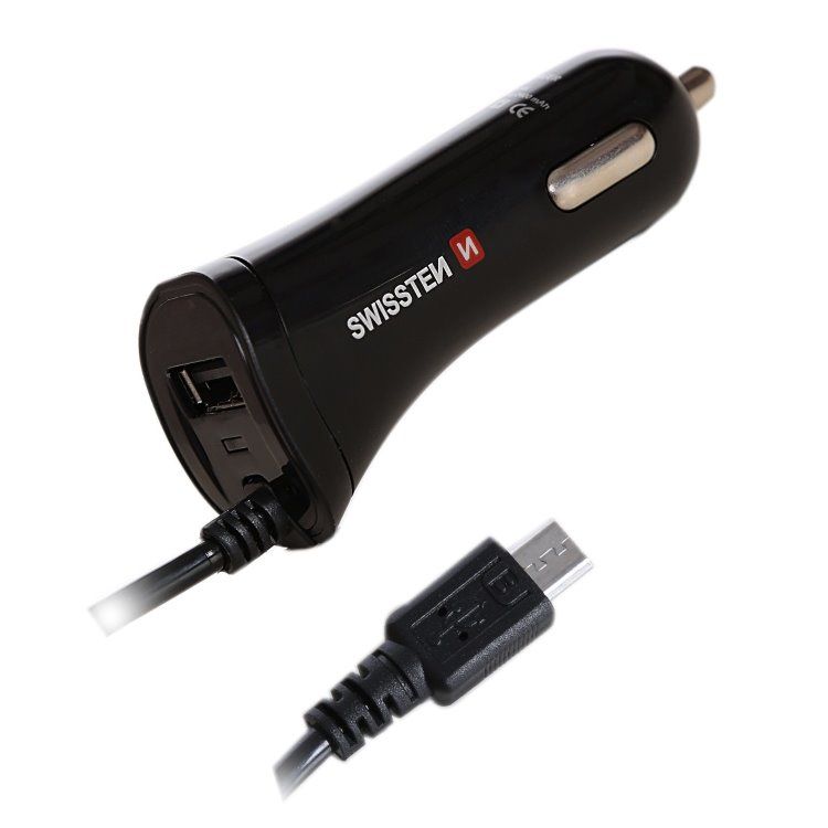 Autós töltő Swissten 2.4A beépített Micro-USB kábellel és USB konnektorral Autós töltő Swissten 2.4A beépített Micro-USB kábellel és USB konnektorral