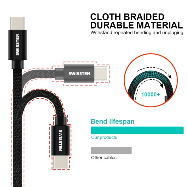 Adatkábel Swissten textil s USB-C konnektorral és gyorstöltés támogatással 1,2 m, fekete