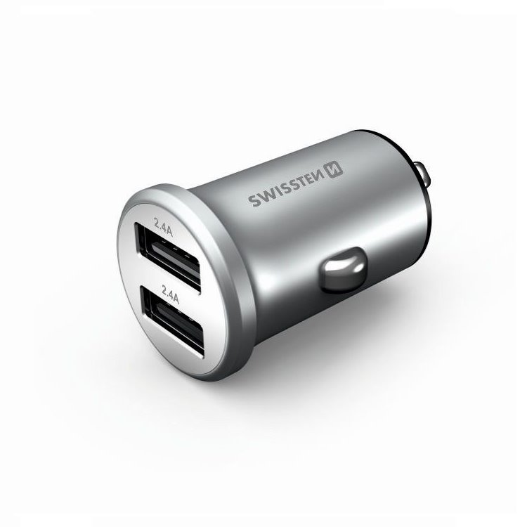 Autós töltő Swissten fém 4.8A2 USB slot, Silver