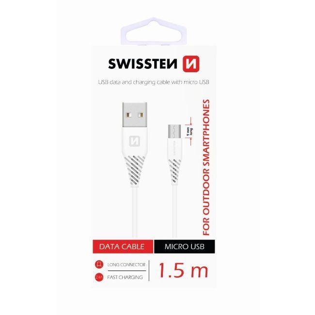 Adatkábel Swissten meghosszabbított Micro-USB konnektorral, ellenálló telefonhoz, fehér Adatkábel Swissten meghosszabbított Micro-USB konnektorral, ellenálló telefonhoz, fehér