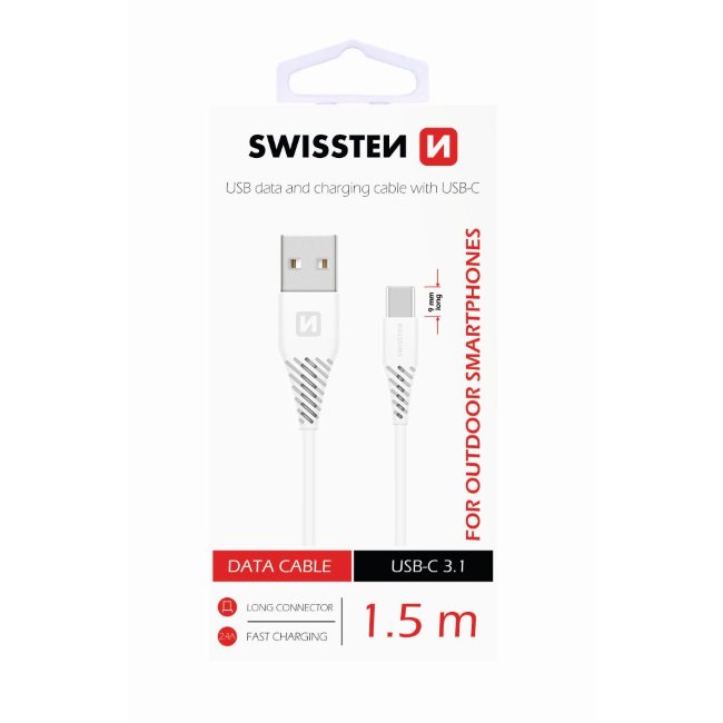 Adatkábel Swissten meghosszabbított USB-C konnektorral, ellenálló telefonhoz, fehér