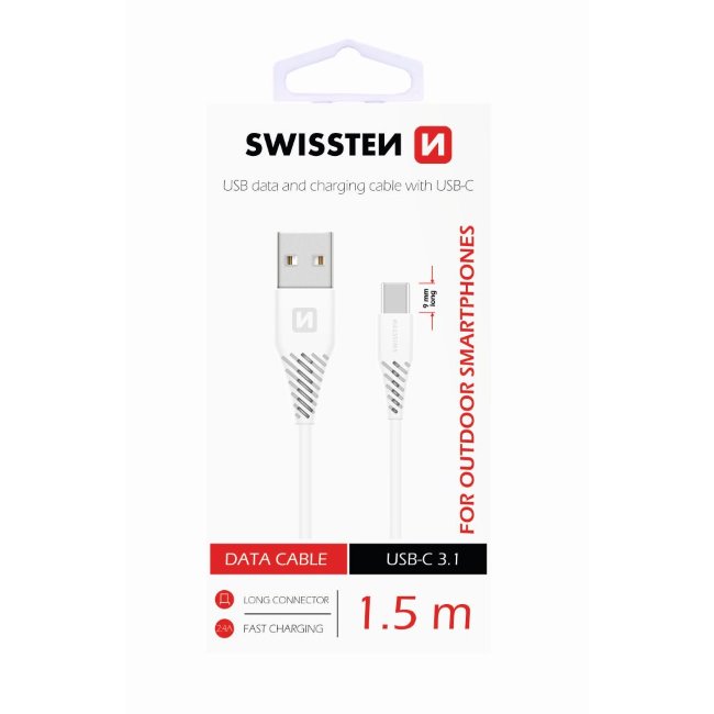 Adatkábel Swissten meghosszabbított USB-C konnektorral, ellenálló telefonhoz, fehér Adatkábel Swissten meghosszabbított USB-C konnektorral, ellenálló telefonhoz, fehér