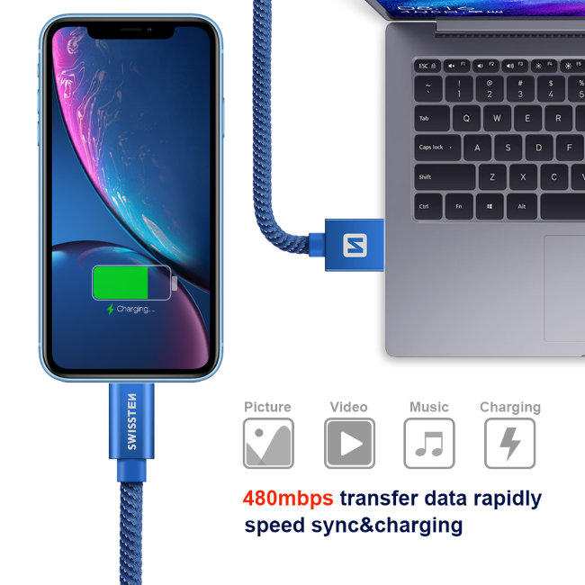 Adatkábel Swissten textil Lightning konnektorral, gyorstöltés támogatással, kék Adatkábel Swissten textil Lightning konnektorral, gyorstöltés támogatással, kék