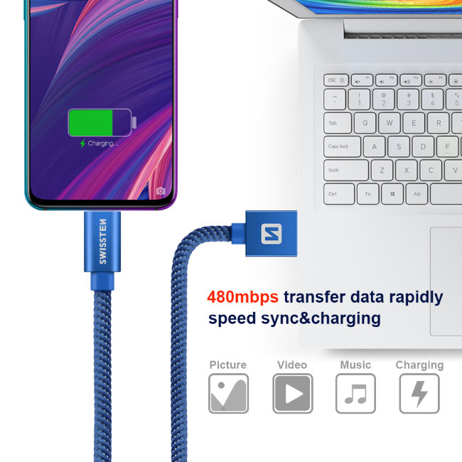 Adatkábel Swissten textil USB-C konnektorral, gyorstöltés támogatással, kék