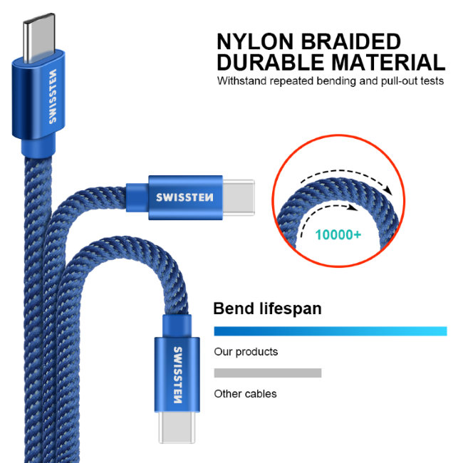 Adatkábel Swissten textil USB-C konnektorral, gyorstöltés támogatással, kék