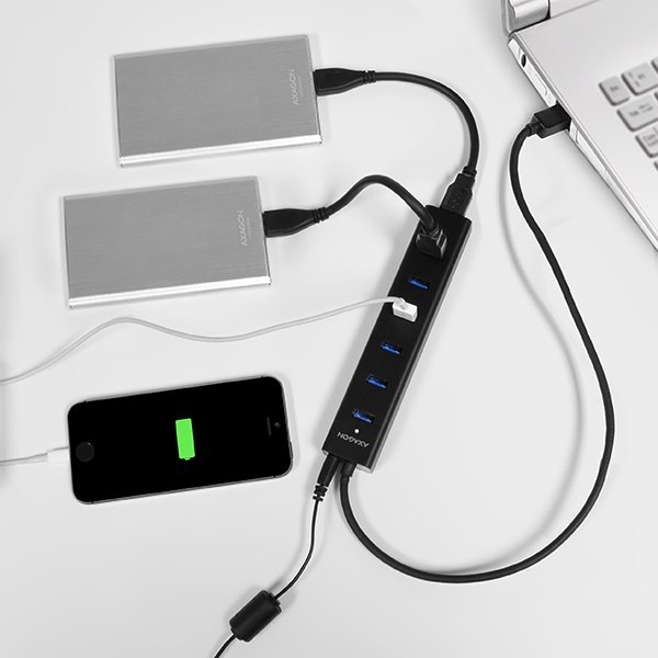 AXAGON HUE-SA7BP 7x USB 3.0 hub gyorstöltés támogatással, Fekete