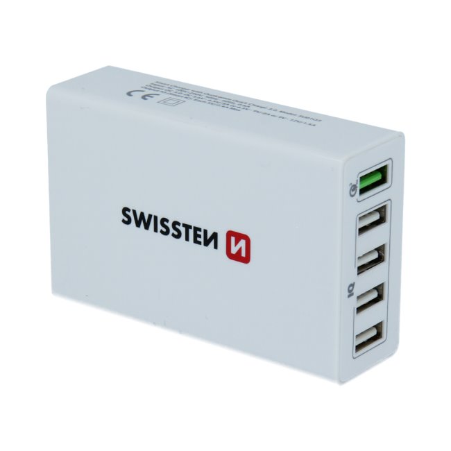 Gyorstöltés Swissten Smart IC 50W támogatással QuickCharge 3.0 és 5 USB konektorral, fehér