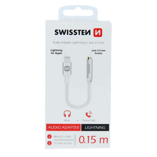 Audió adapter Swissten Lightning/Jack (anya) 0.15m, ezüst