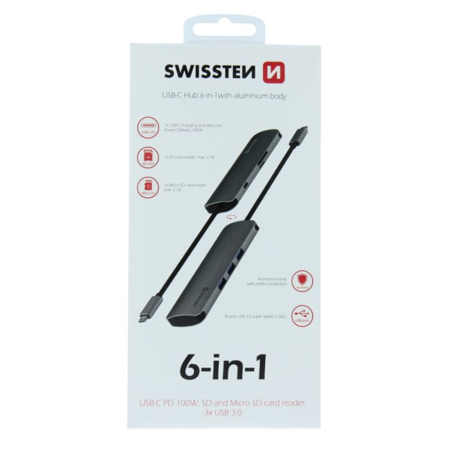 Alumínium USB-C HUB Swissten 6-in-1 (USB-C PD, 3x USB 3.0, SD, MicroSD)