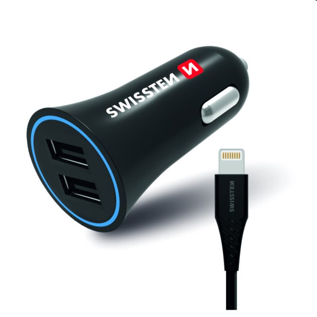 Autós töltő Swissten 2.4A  2x USB + kábel Lightning