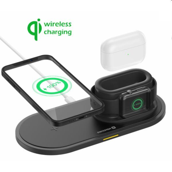 Vezeték nélküli töltő Swissten 3v1, fekete Vezeték nélküli töltő Swissten 3v1, fekete