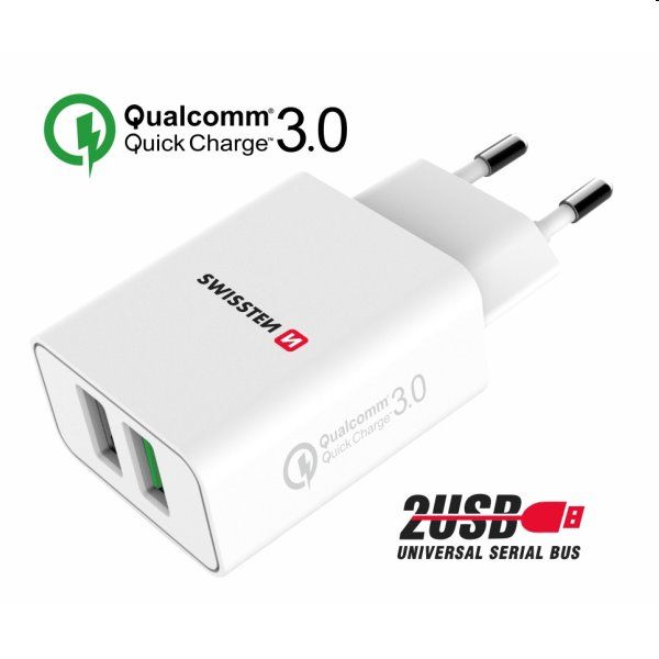 Töltő Swissten 2x USB QC 3.0 + USB 23W, fehér, eco csomagolás Töltő Swissten 2x USB QC 3.0 + USB 23W, fehér, eco csomagolás