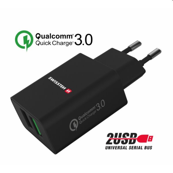 Töltő Swissten 2x USB QC 3.0 + USB 23W, fekete