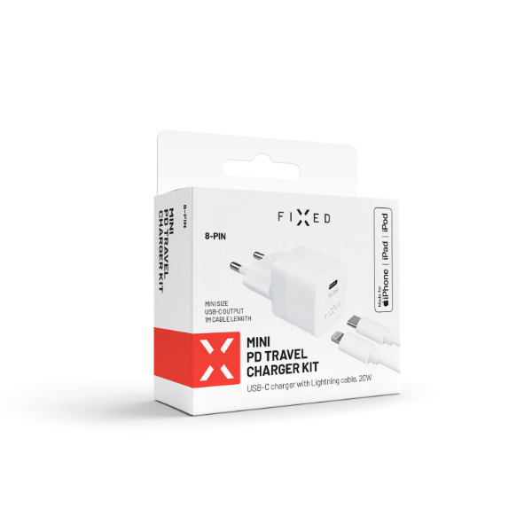 FIXED Mini töltő töltőszett USB-C kimenet és USB-C/Lightning, PD, MFI, 1 m, 20W, fehér