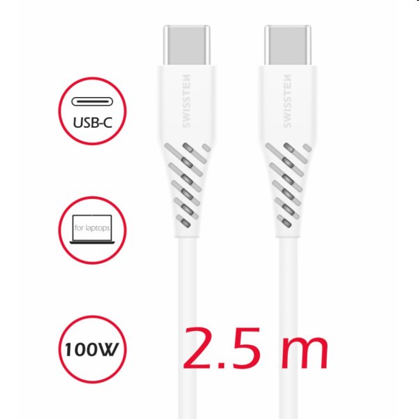 Swissten Adat- és töltőkábel TPU USB-C/USB-C, PD,2,5 m, fehér
