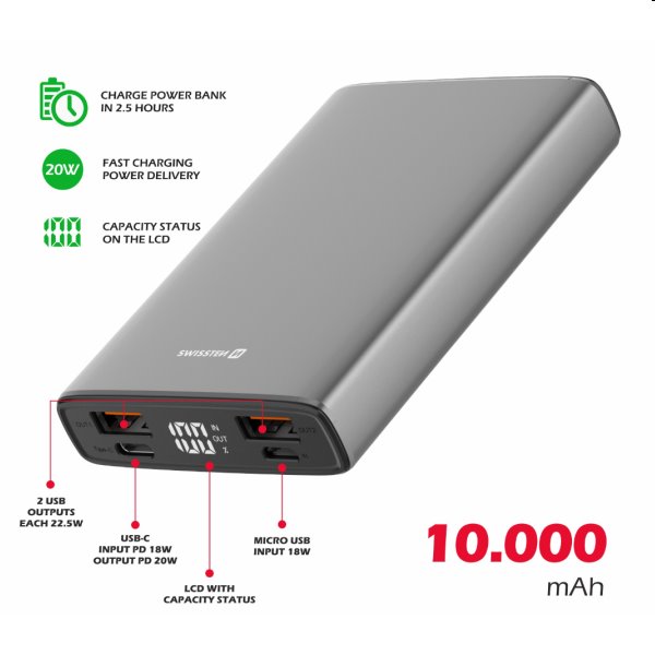 Swissten Aluminum Powerbank 10 000 mAh 20W, PD, szürke