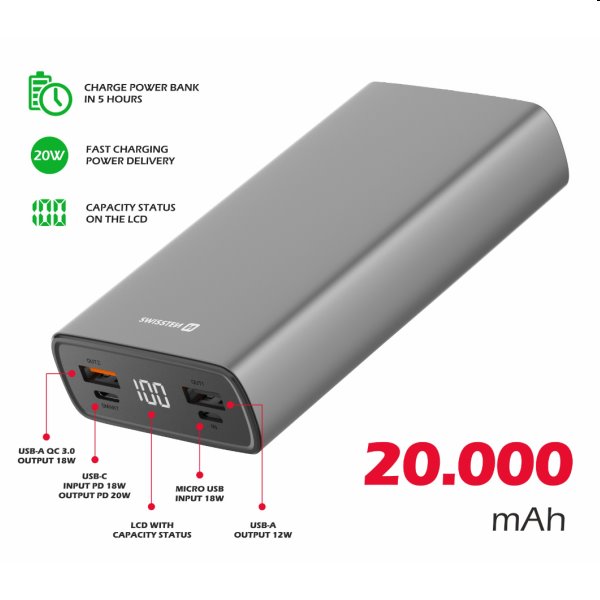 Swissten Aluminum Powerbank 20 000 mAh 20W, PD, szürke