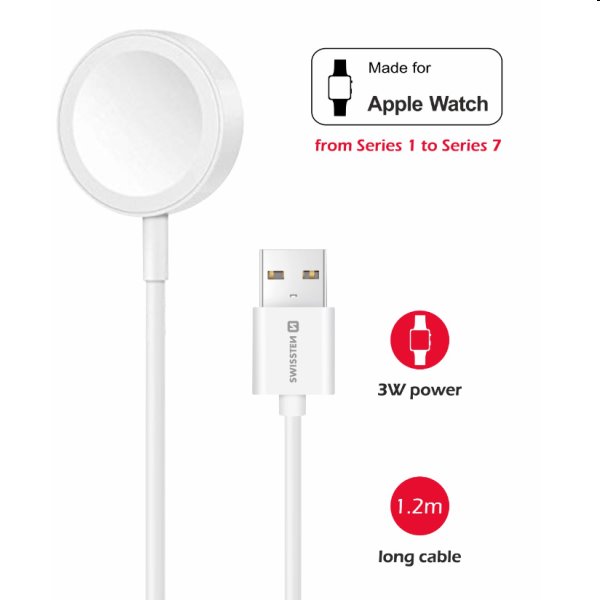 Swissten Mágneses töltőkábel for Apple Watch USB-A 1,2 m, fehér Swissten Mágneses töltőkábel for Apple Watch USB-A 1,2 m, fehér
