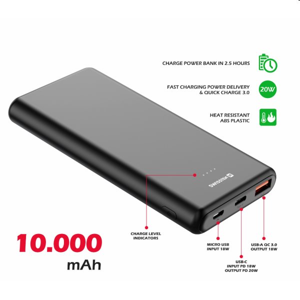 Swissten Power Line Powerbank 10 000 mAh 20W, PD, fekete