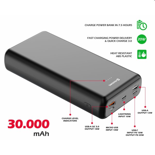 Swissten Power Line Powerbank 30 000 mAh 20W, PD, fekete