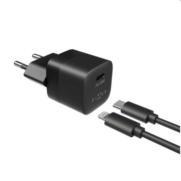 FIXED Set mini Hálózati töltő USB-C kimenettel és USB-C/Lightning MFI kábel 1m, PD, 20W, fekete