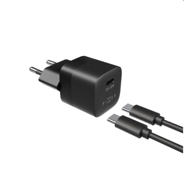 FIXED Set mini Hálózati töltő USB-C kimenettel és USB-C/USB-C kábel 1m, PD, 20W, fekete