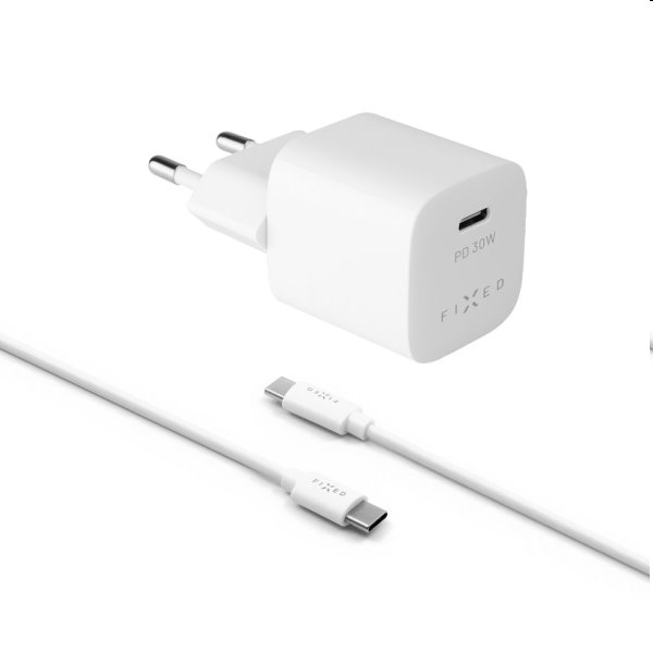 FIXED Set mini Hálózati töltő USB-C kimenettel és USB-C/USB-C kábel 1m, PD, 30W, fehér