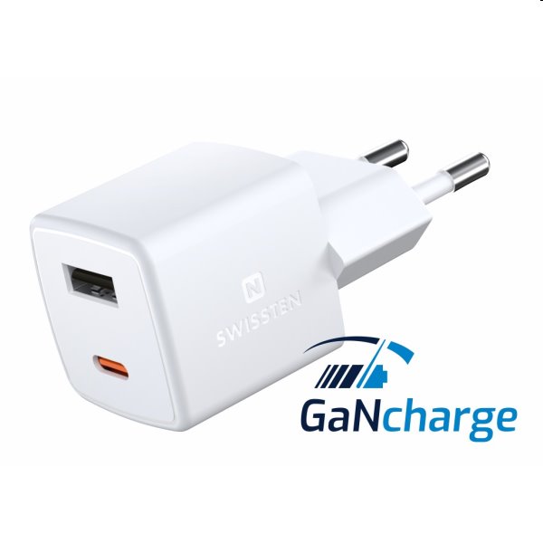 Mini Adapter Swissten GaN 1x USB-C + 1xUSB 30W, PD, fehér