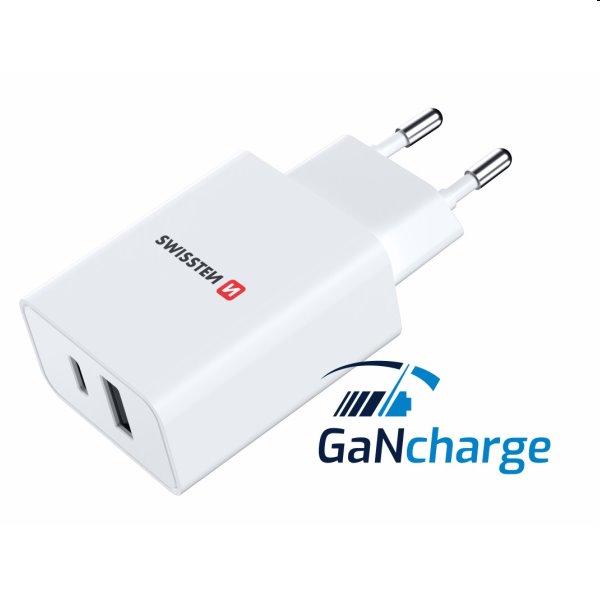 Hálózati Adapter Swissten 1xUSB-C+1xUSB 30W, PD, fehér