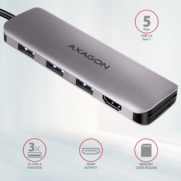 AXAGON HMC-HCR3A 3x USB-A + HDMI + SD/microSD, USB-C 3.2 Gen 1 hub, 20 cm USB-C kábel