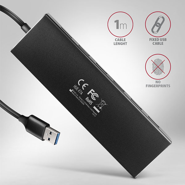 AXAGON HUE-F7A 7x USB 3.2 Gen 1 ALU FLAT hub, micro USB power IN, 1m USB-A kábel