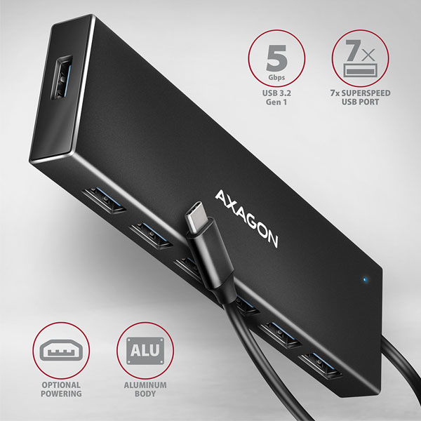 AXAGON HUE-F7C 7x USB 3.2 Gen 1 ALU FLAT hub, micro USB tápcsatlakozó, 30 cm USB-C kábel