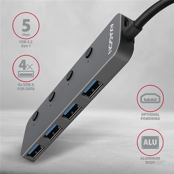 AXAGON HUE-MSA 4x USB3.2 Gen 1 SWITCH hub, metal, micro USB power IN, 20 cm USB-A kábel