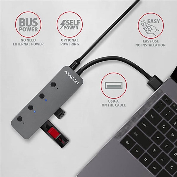 AXAGON HUE-MSA 4x USB3.2 Gen 1 SWITCH hub, metal, micro USB power IN, 20 cm USB-A kábel