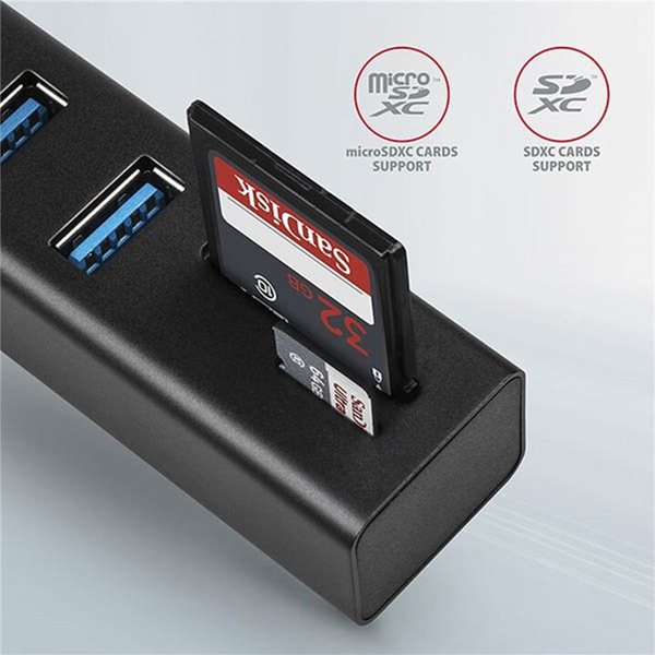 AXAGON HMA-CR3A 3x USB-A + SD/microSD, USB3.2 Gen 1 hub, metal, 20 cm USB-A kábel