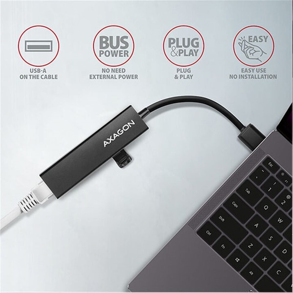 AXAGON HMA-GL3A 3x USB-A + GLAN, USB3.2 Gen 1 hub, metal, 20 cm USB-A kábel