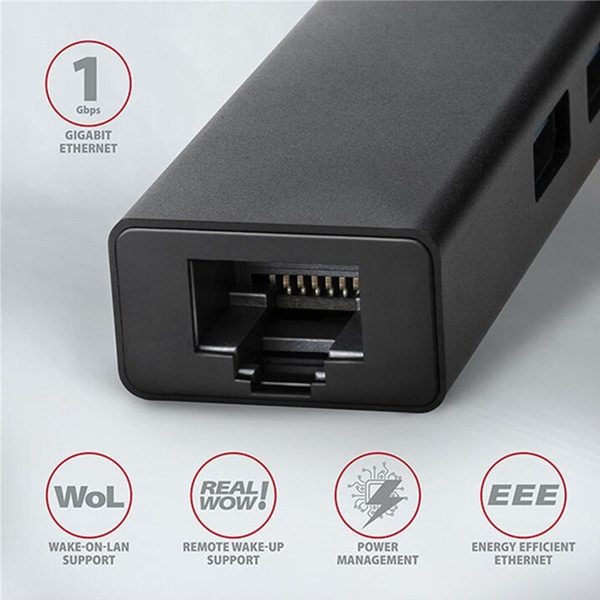 AXAGON HMA-GL3A 3x USB-A + GLAN, USB3.2 Gen 1 hub, metal, 20 cm USB-A kábel