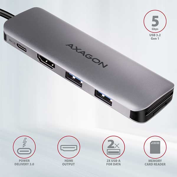 AXAGON HMC-5 2x USB-A, HDMI, SD/microSD, USB 3.2 Gen 1 hub, PD 100W, 20cm USB-C kábel