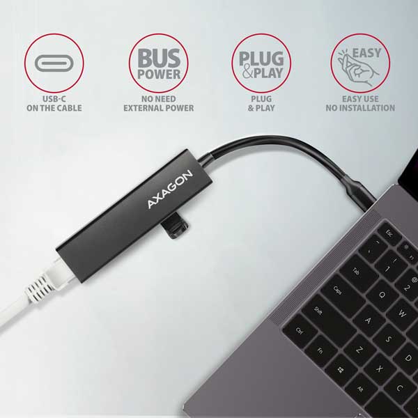 AXAGON HMC-GL3A 3x USB-A + GLAN, USB 3.2 Gen 1 hub, metal, 20cm USB-C kábel