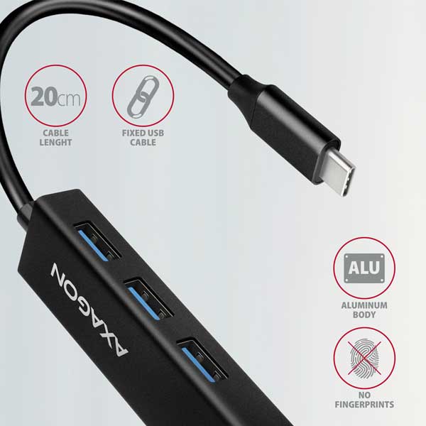 AXAGON HMC-GL3A 3x USB-A + GLAN, USB 3.2 Gen 1 hub, metal, 20cm USB-C kábel