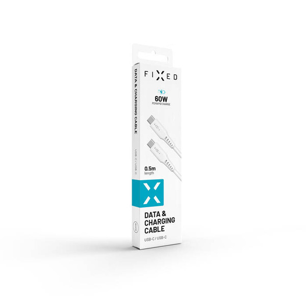 FIXED Liquid silicone adat- és töltőkábel USB-C/USB-C, PD, 0,5 m, fehér