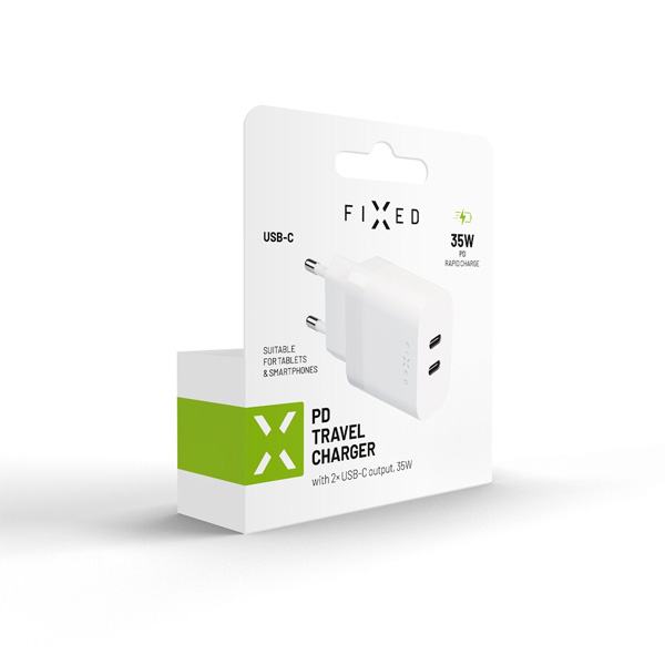 FIXED Hálózati töltő 2x USB-C, PD, 35W, fehér