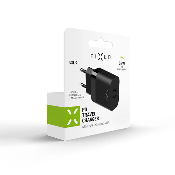FIXED Hálózati töltő 2x USB-C, PD, 35W, fekete