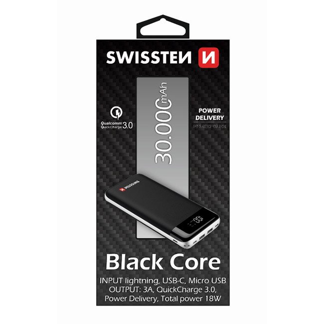 Swissten Black Core Slim Powerbank 30.000 mAh + Playstation 5 Icons Light USB lámpa