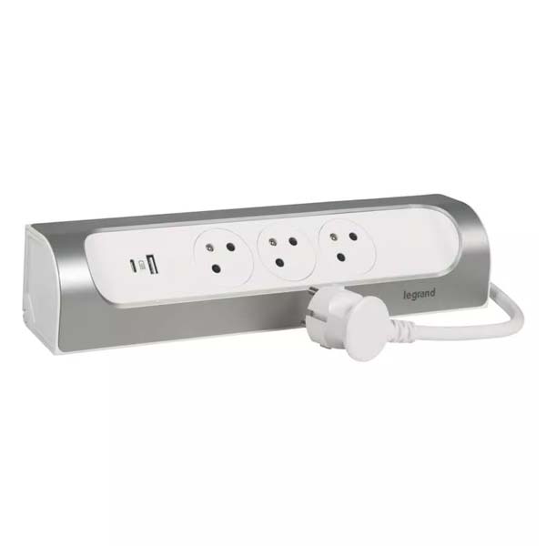 Legrand Sarokhosszabbító 3x2P+T USB A+C 1M kábel fehér/alumínium