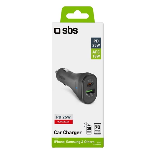 SBS Autóadapter USB/USB-C, PD, 25 W, fekete