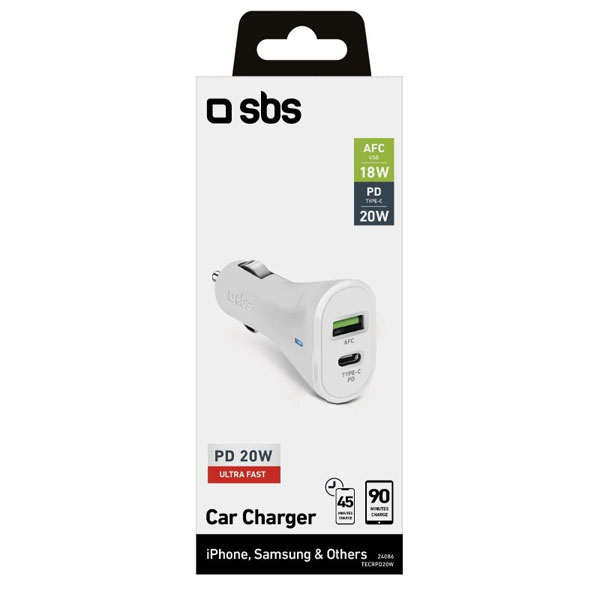 SBS Autós töltő USB-C PD 20 W/USB AFC 18 W, fehér