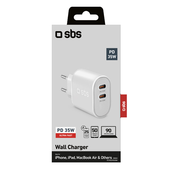 SBS Utazási adapter 2x USB-C, PD, 35 W, fehér