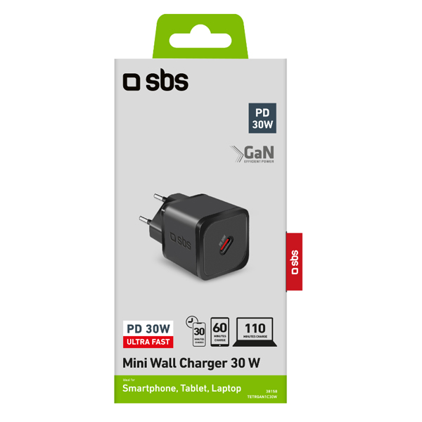 SBS Utazási adapter Mini USB-C, GaN, 30 W, PD, fekete